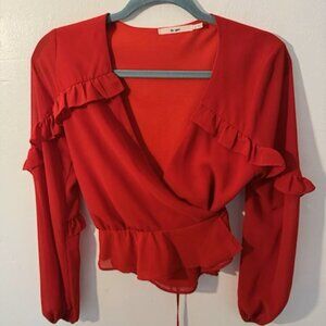 Francesca's | Mi Ami Red Wrap Long Sleeve Ruffle Blouse
